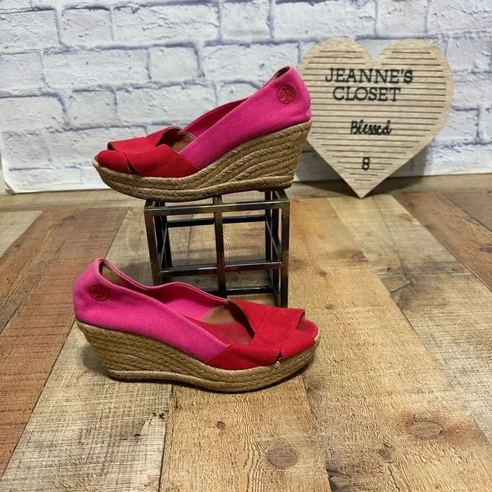 Tory Burch Filipa Colorblock Espadrilles Pink Red Wedge Heel Size